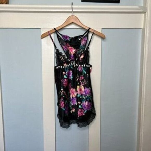 Victoria’s Secret Black & Purple Floral Lace Trim Babydoll Cami Chemise Slip Dre - Picture 7 of 8
